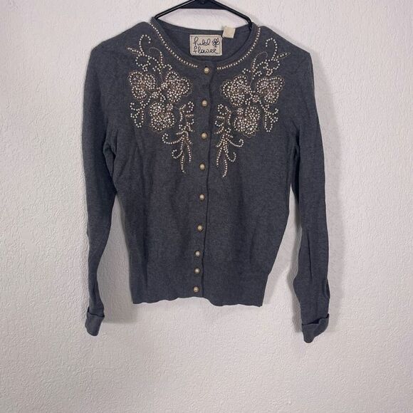 Field of Flower | Anthropologie Grey Jeweled & Pearl Beaded Cardigan Sweater - Picture 1 of 7